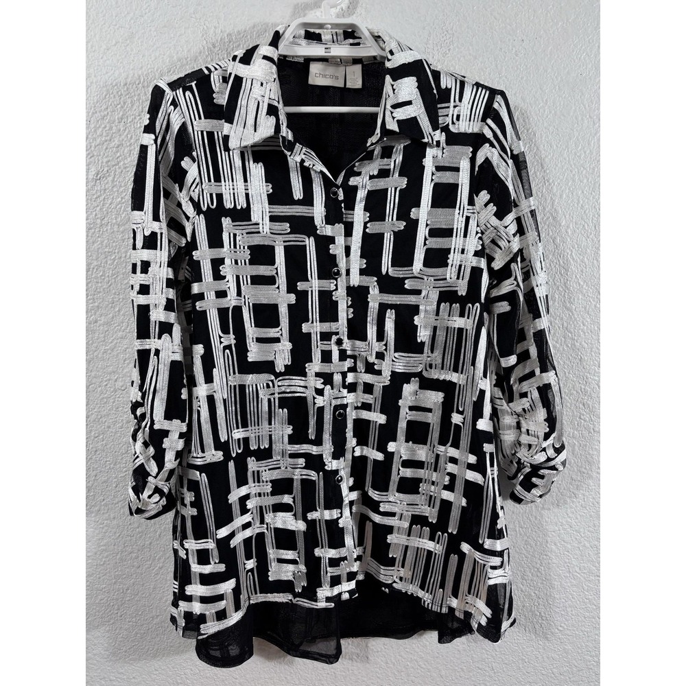 Chico's Shirt Womens 1 Black Geometric Mesh Tunic Top Button Front